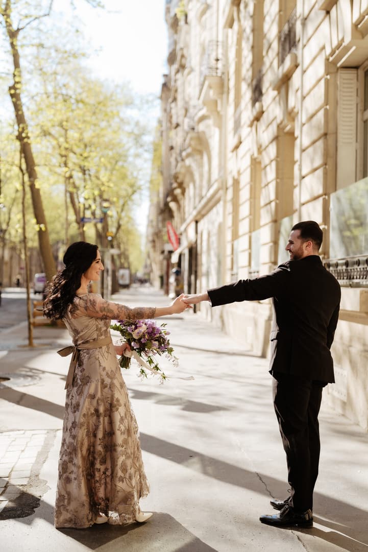 Destination Purple wedding elopement in Paris  couple dancing 