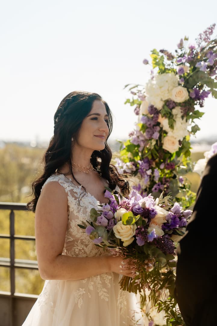 Destination Purple wedding elopement at Shangri-La Hotel Paris private rooftop Eiffel Tower view ceremony