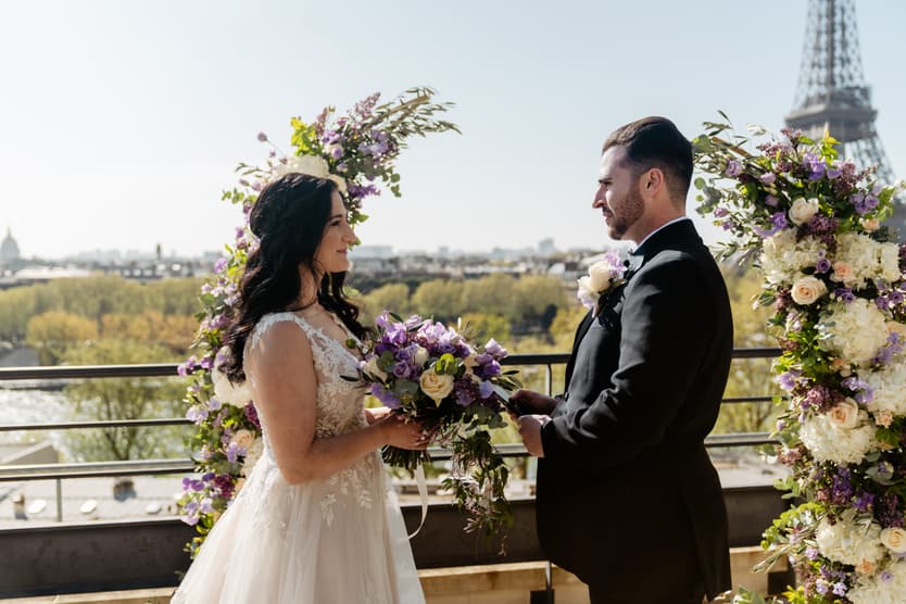 Destination Purple wedding elopement at Shangri-La Hotel Paris private rooftop Eiffel Tower view ceremony vows