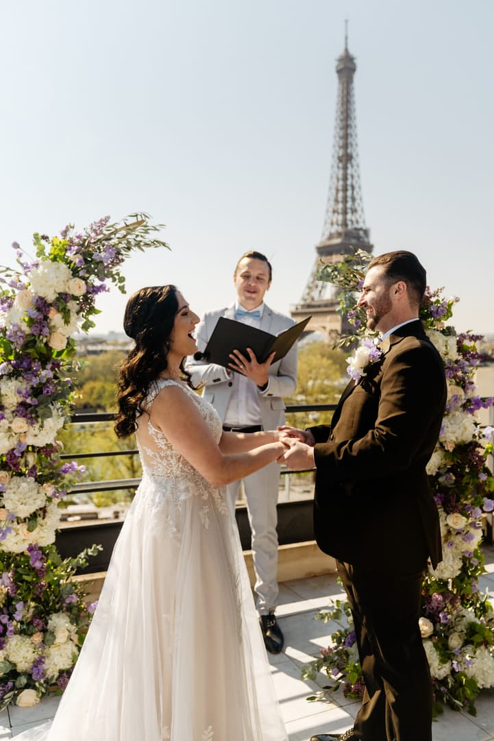 Destination Purple wedding elopement at Shangri-La Hotel Paris private rooftop Eiffel Tower view ceremony