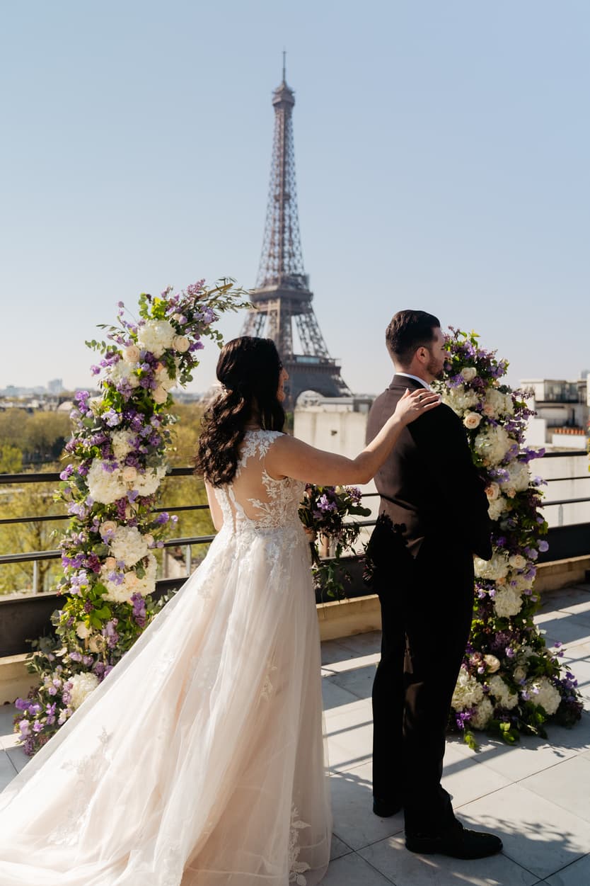 Destination Purple wedding elopement at Shangri-La Hotel Paris private rooftop Eiffel Tower view first look