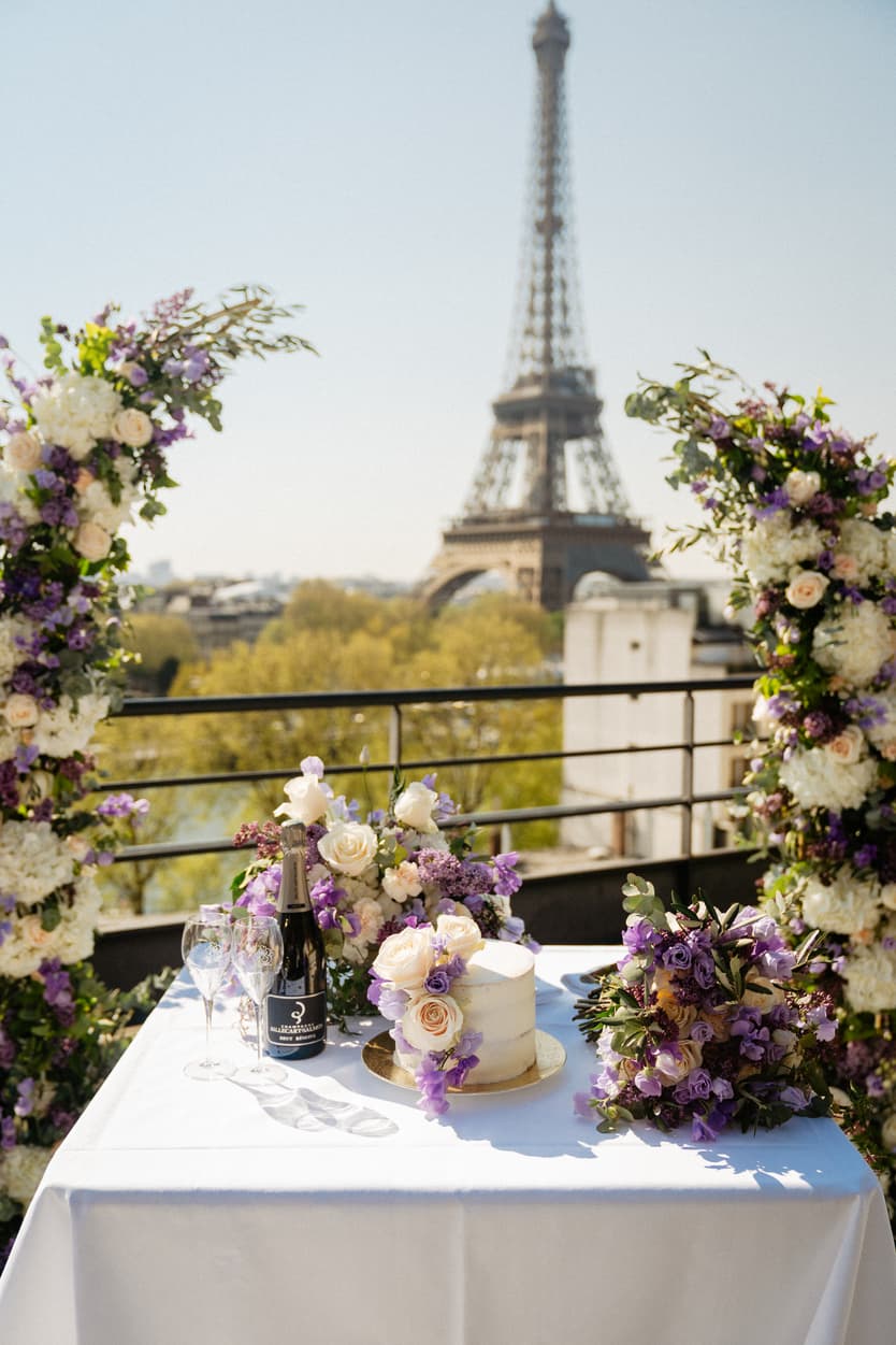 Destination Purple wedding elopement at Shangri-La Hotel Paris private rooftop Eiffel Tower view decorated table 