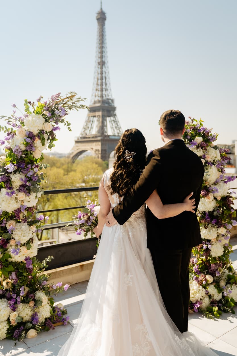 Destination Purple wedding elopement at Shangri-La Hotel Paris private rooftop Eiffel Tower view couple