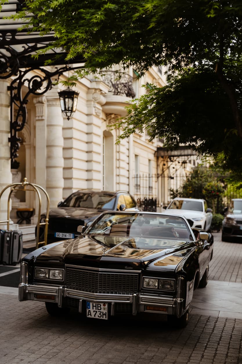 Destination Purple wedding elopement at Shangri-La Hotel Paris with vintage car