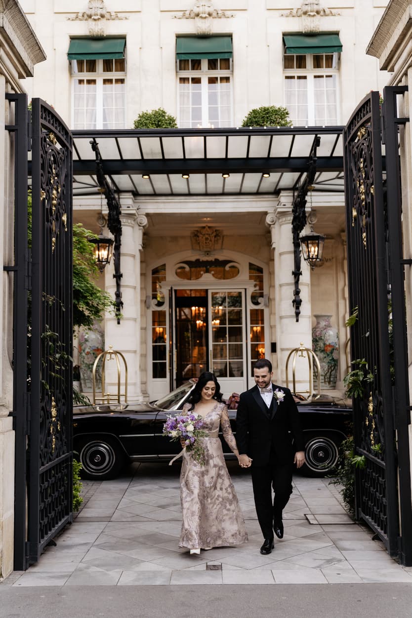 Destination Purple wedding elopement at Shangri-La Hotel Paris with vintage car