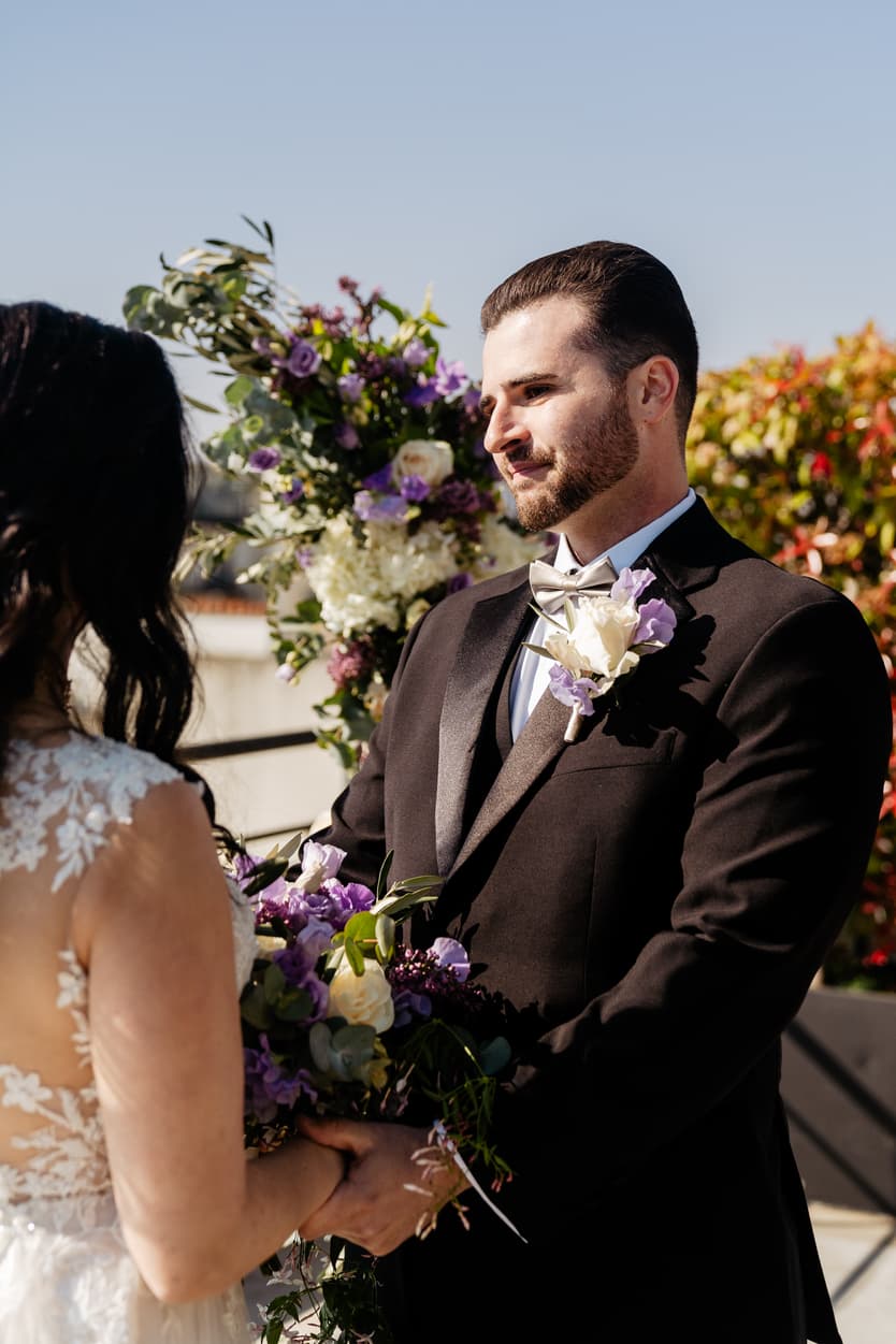 Destination Purple wedding elopement at Shangri-La Hotel Paris private rooftop Eiffel Tower view first look