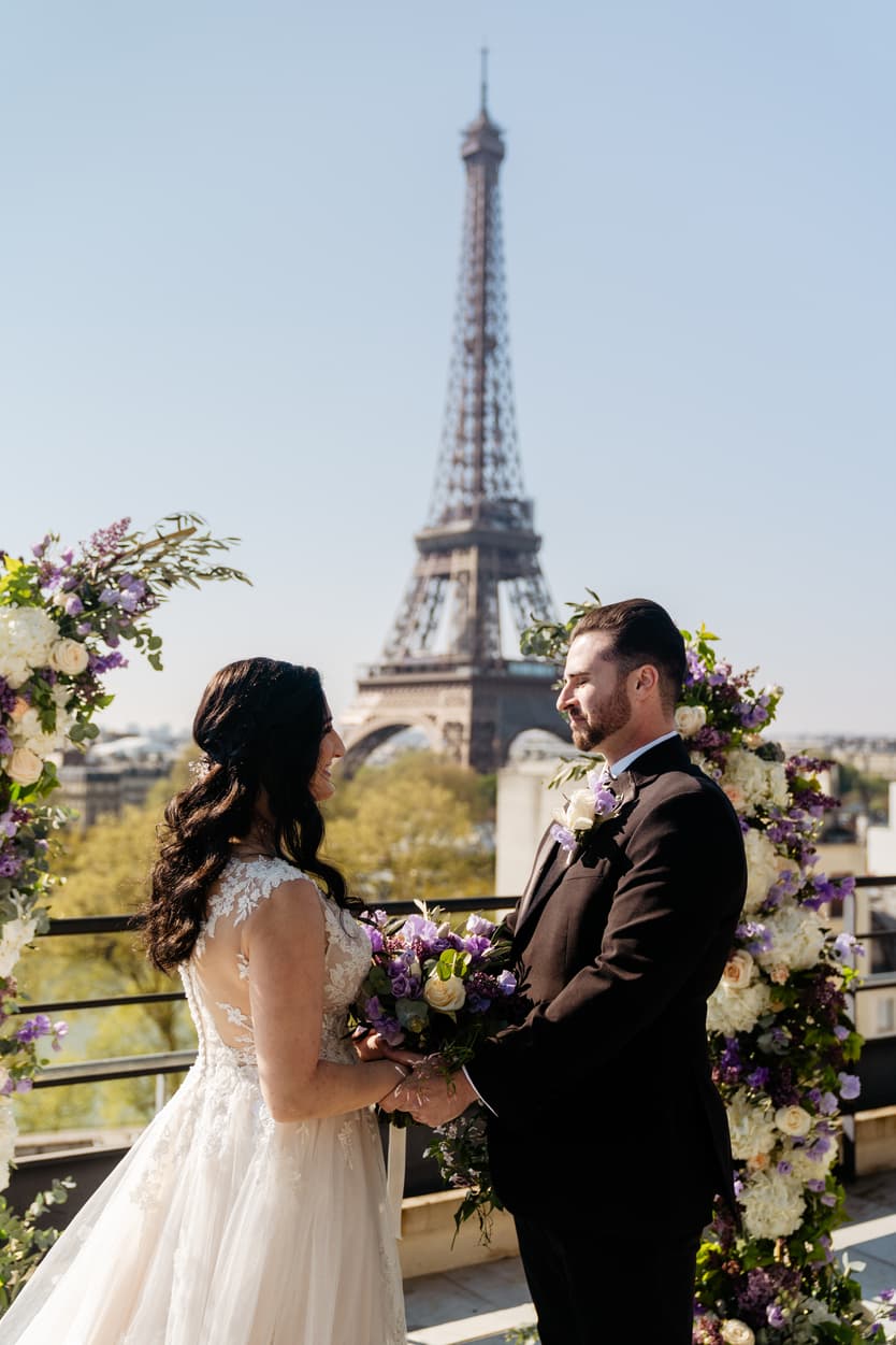 Destination Purple wedding elopement at Shangri-La Hotel Paris private rooftop Eiffel Tower view first look