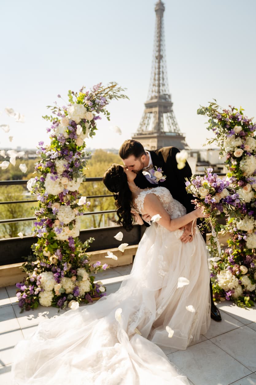 Destination Purple wedding elopement at Shangri-La Hotel Paris private rooftop Eiffel Tower view ceremony petal toss
