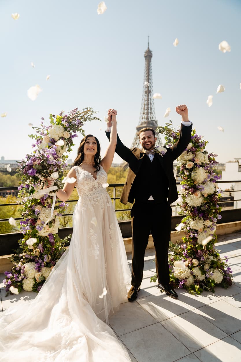 Destination Purple wedding elopement at Shangri-La Hotel Paris private rooftop Eiffel Tower view ceremony petal toss