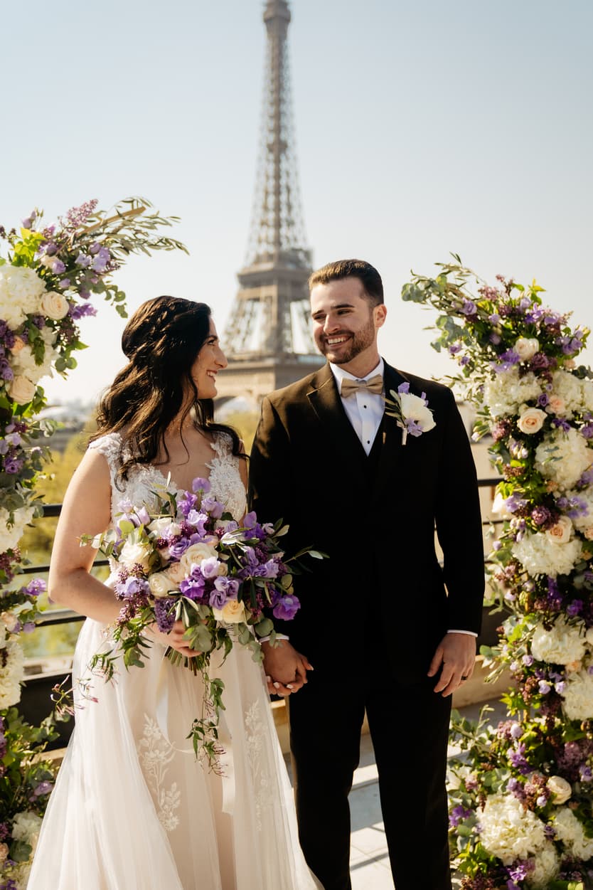 Destination Purple wedding elopement at Shangri-La Hotel Paris private rooftop Eiffel Tower view ceremony