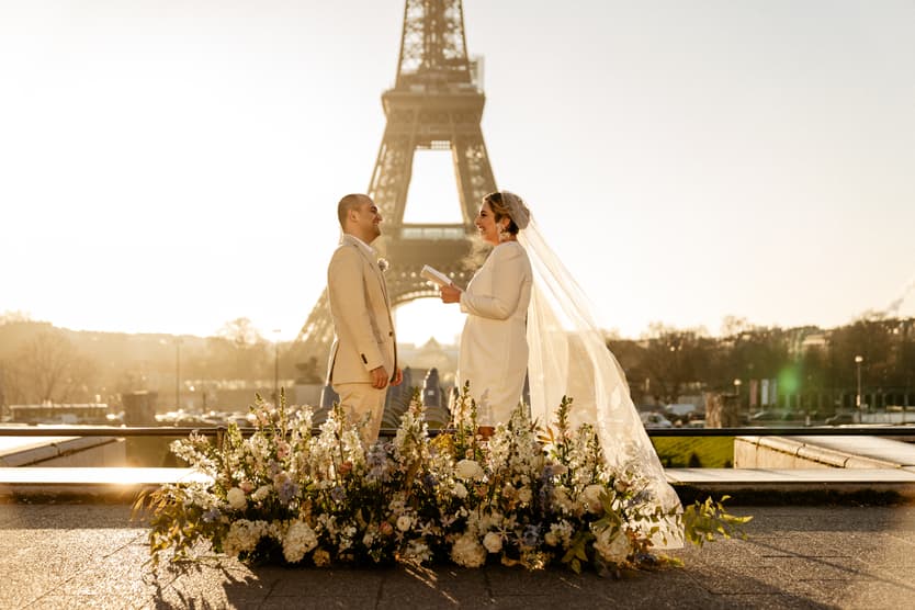 Sunrise Elopement Wedding in Paris view Eiffel Tower