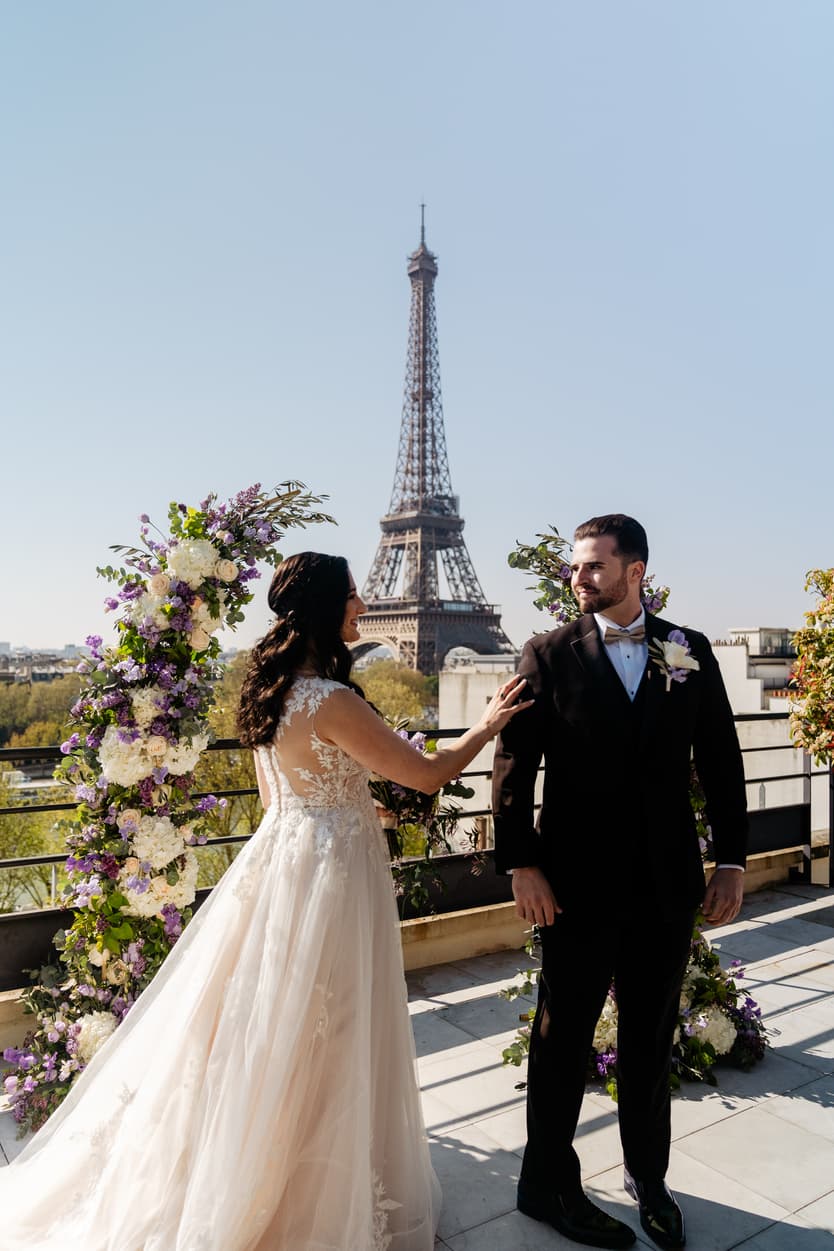 Destination Purple wedding elopement at Shangri-La Hotel Paris private rooftop Eiffel Tower view first look