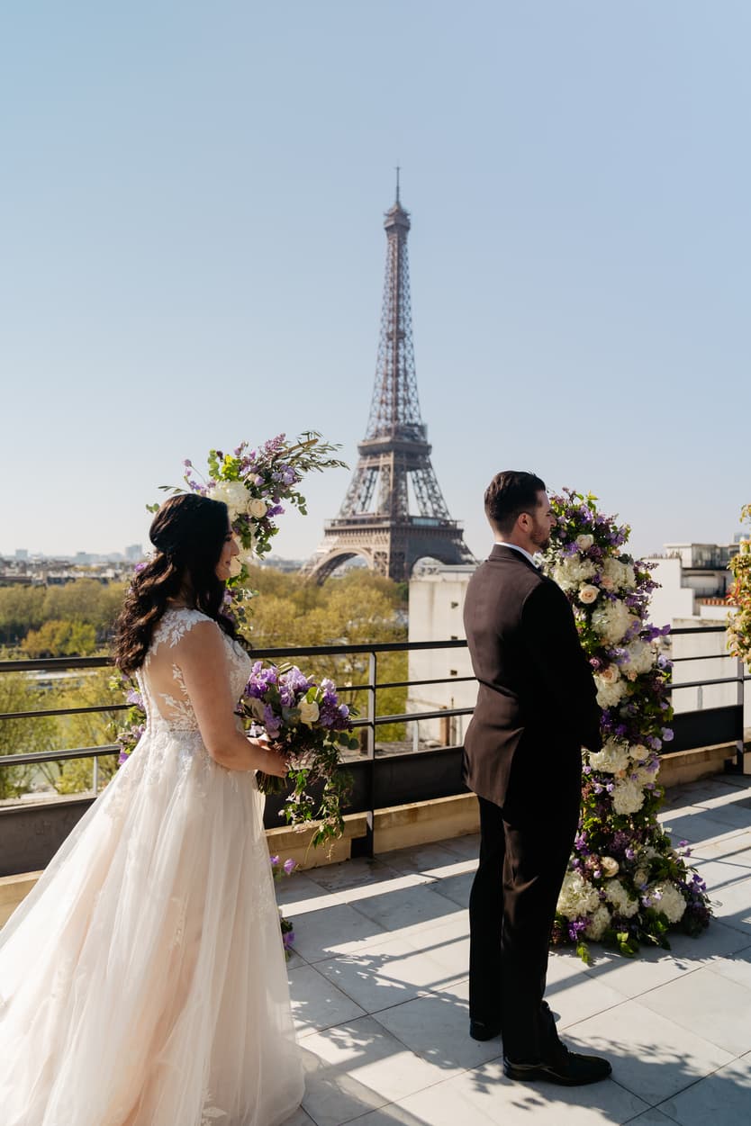 Destination Purple wedding elopement at Shangri-La Hotel Paris private rooftop Eiffel Tower view first look