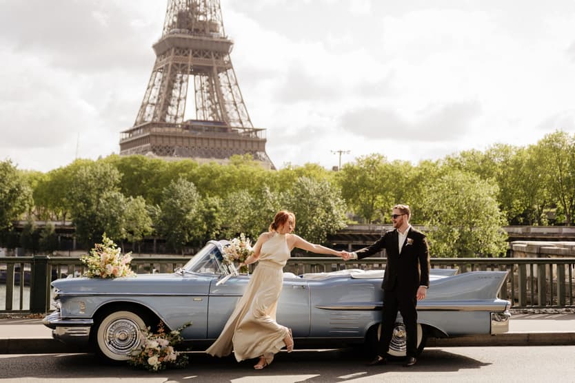 Paris elopement with vintage car in front of Eiffel tower