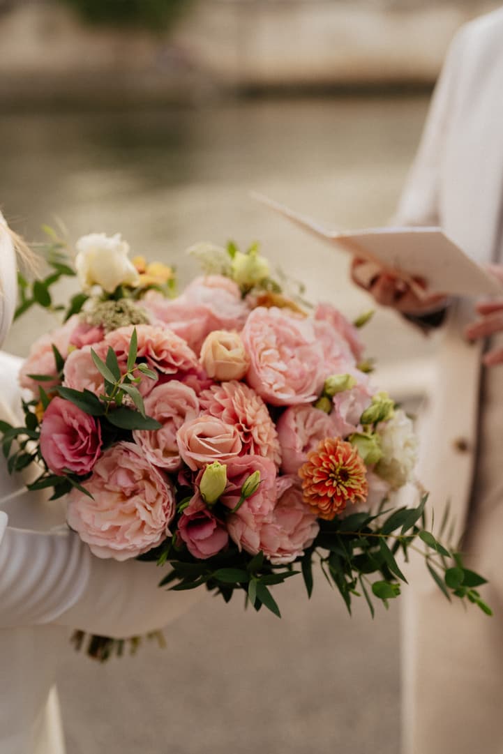 pink summer wedding bouquet with peonies