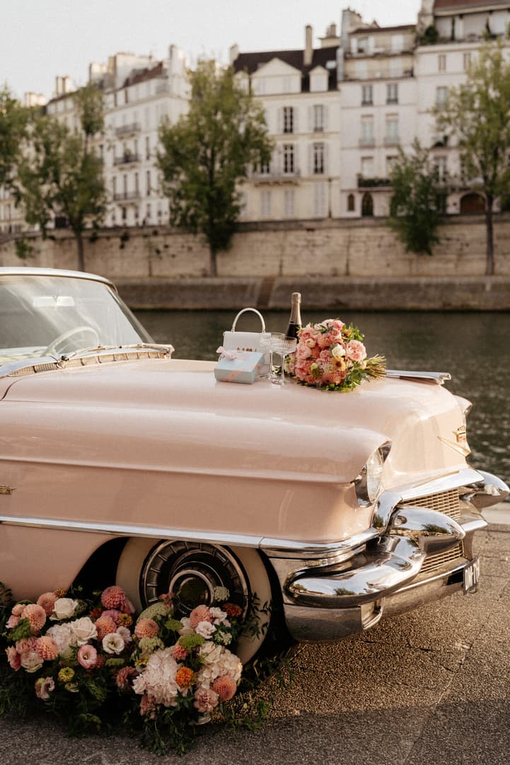 Pastel Pink Summer Elopement in Paris with vintage car