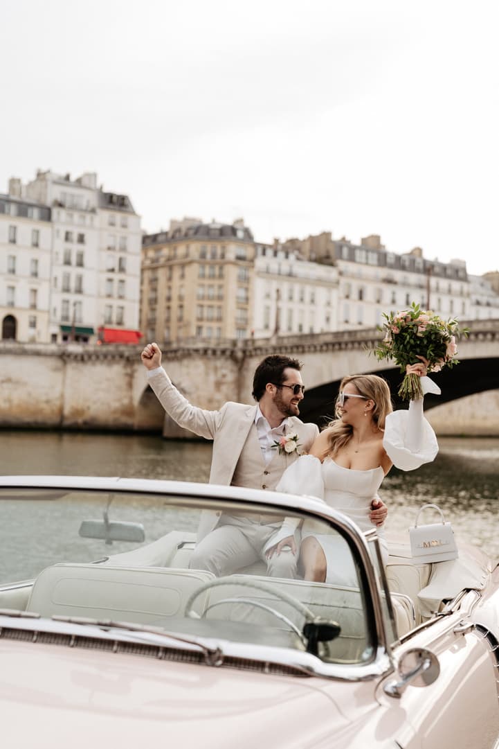 Paris Elopement at Ile-Saint-Louis with a vintage car
