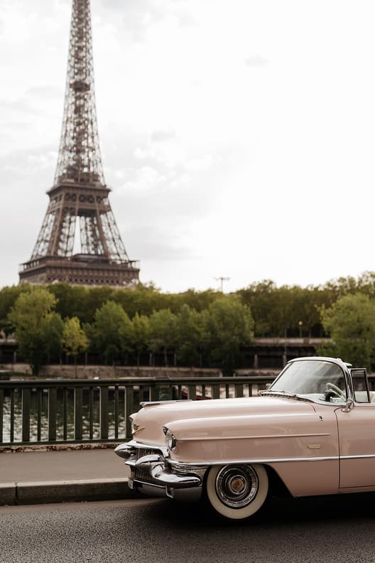 pink vintage car and Eiffel tower