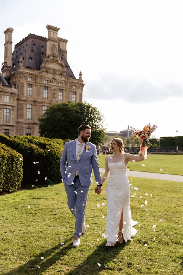 wedding exit with petals toss elopement wedding in Paris