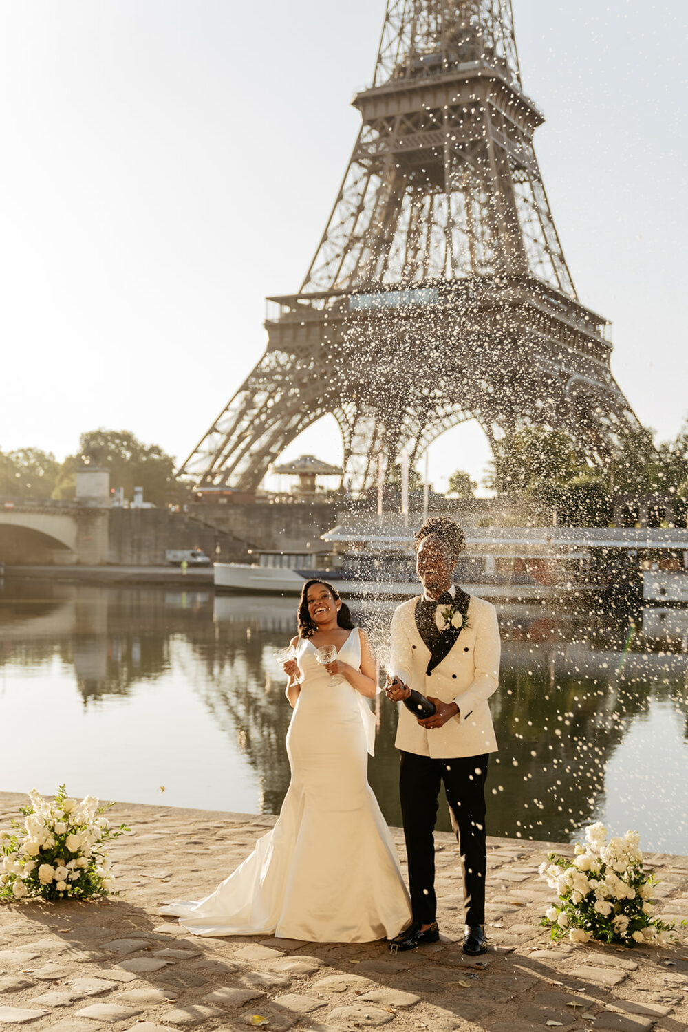 Champagne shower elopement wedding Paris Eiffel tower