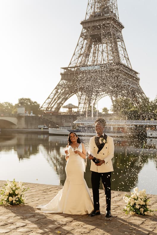 Champagne shower elopement wedding Paris Eiffel tower