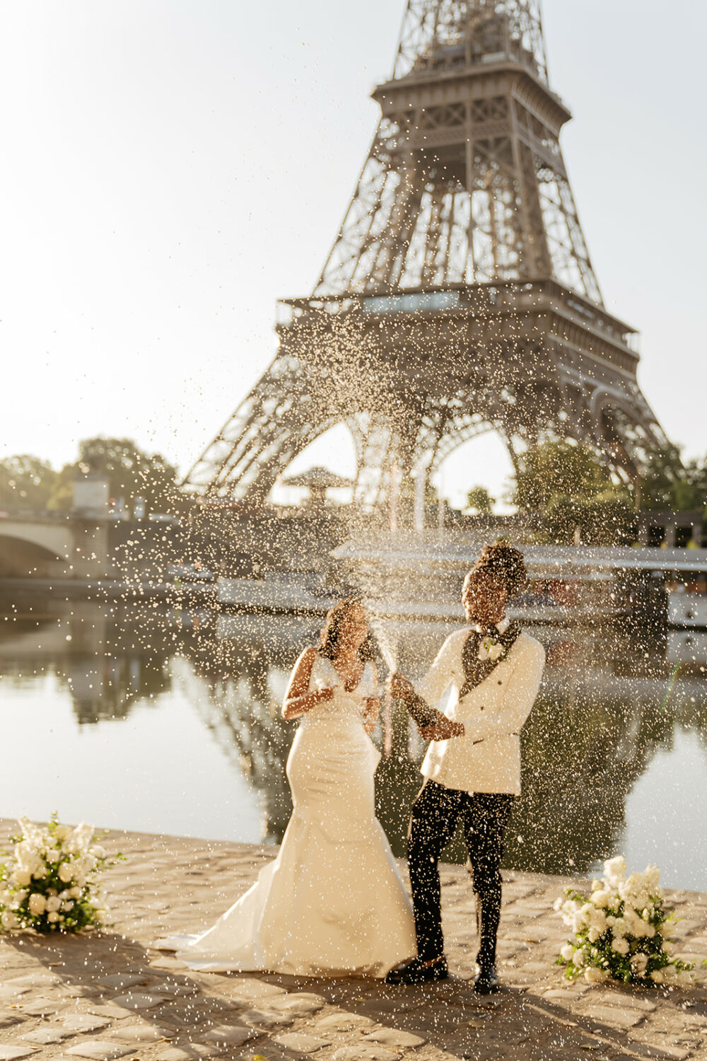 Champagne shower elopement wedding Paris Eiffel tower