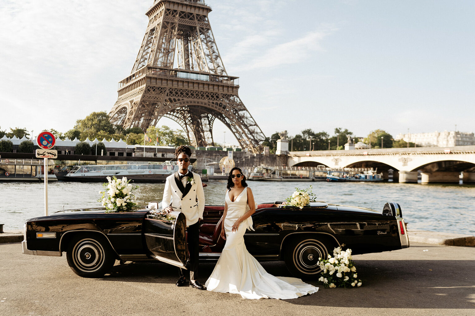 Paris elopement by the Seine river with vintage car