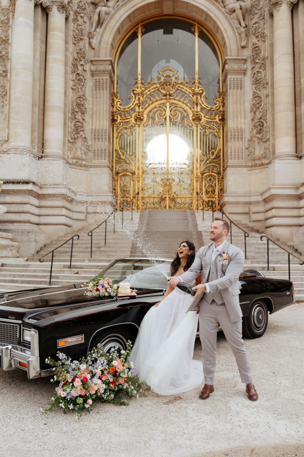 Paris elopement popping champagne