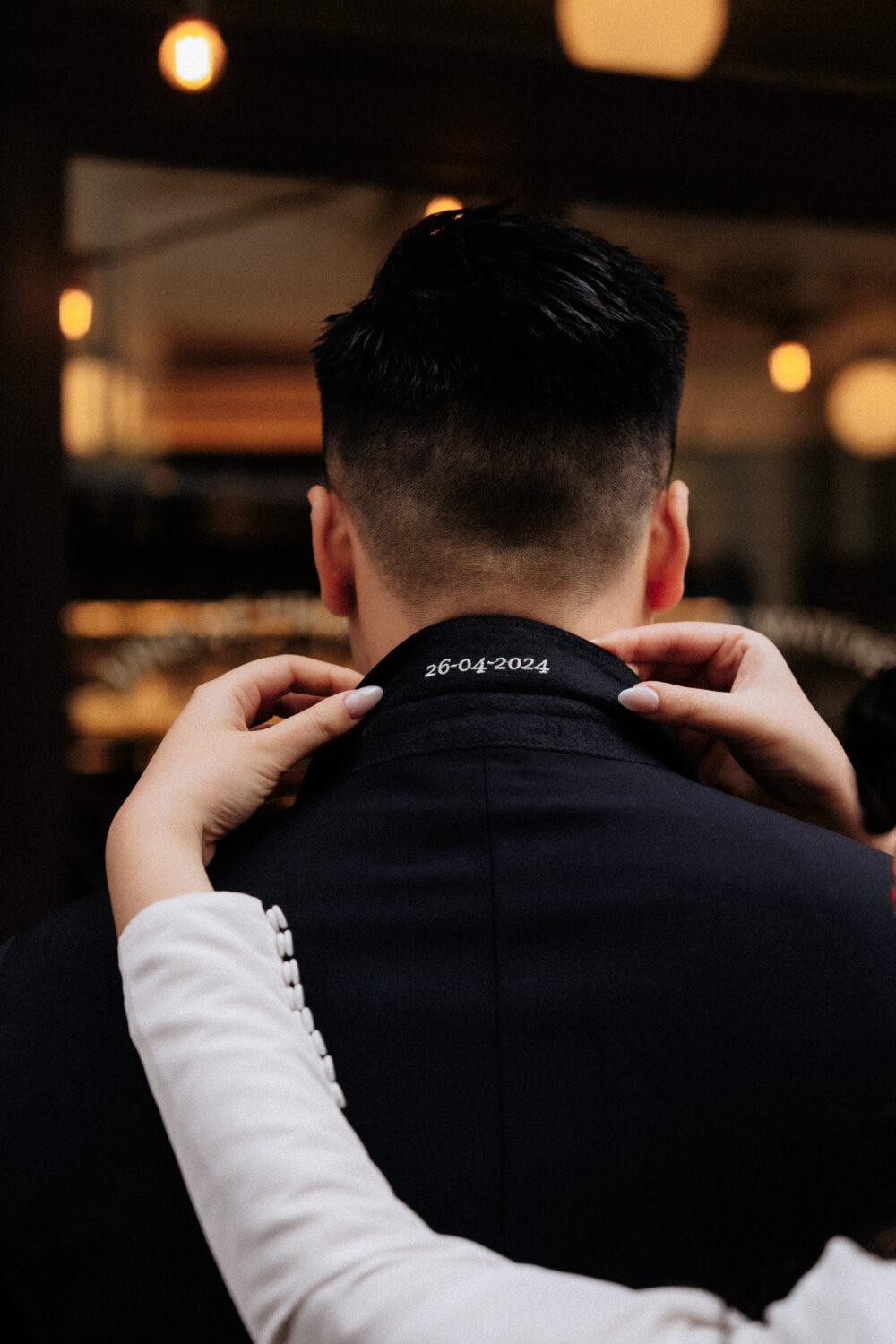 modern paris elopement embroidered collar of groom suit
