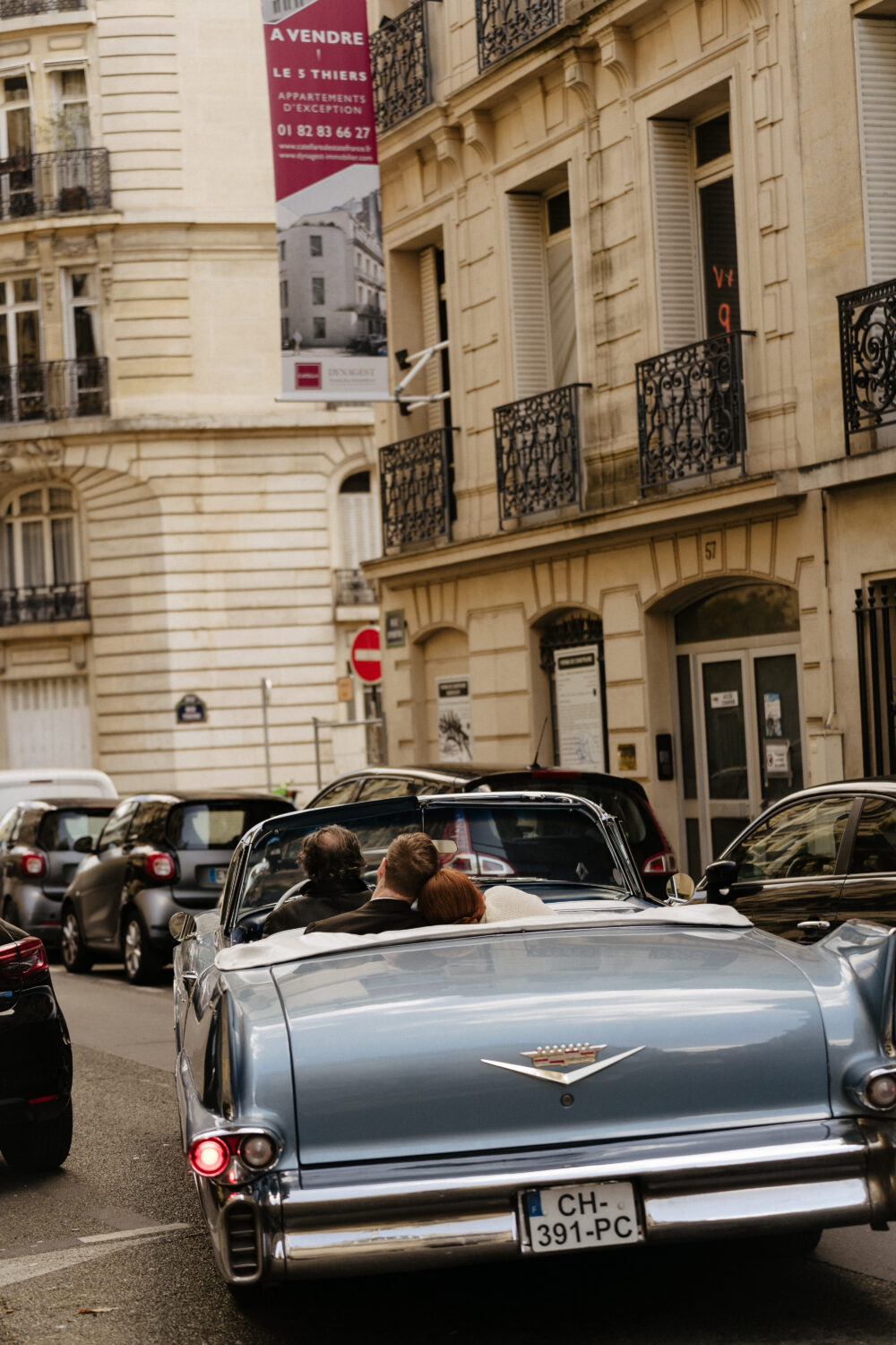 baby blue vintage car paris street elopement