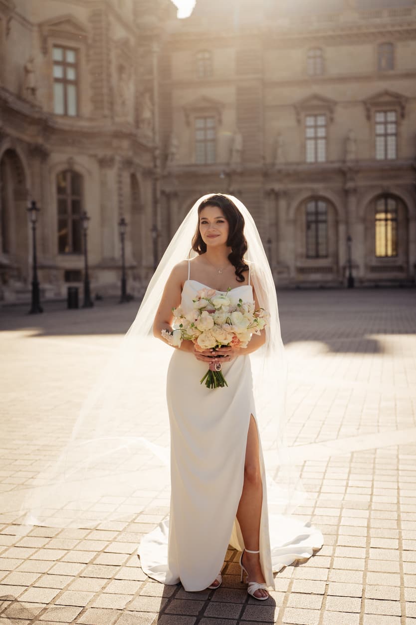 Bride in a white gown and veil holds a bouquet in a sunlit Paris courtyard
