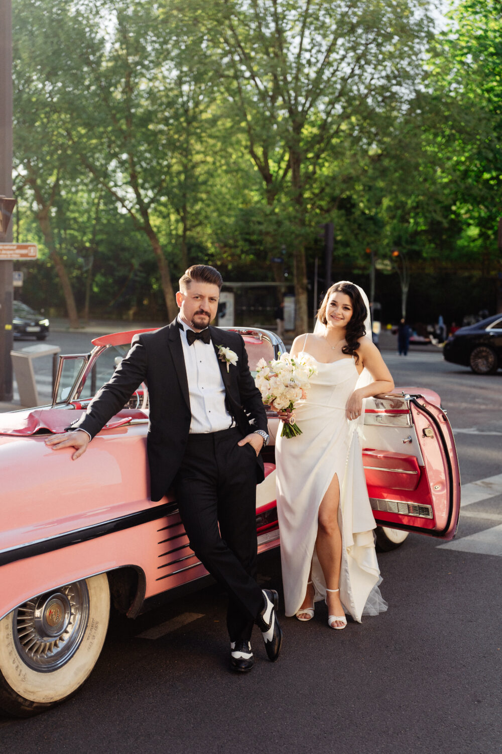 Pink vintage elopement car in Parisian street