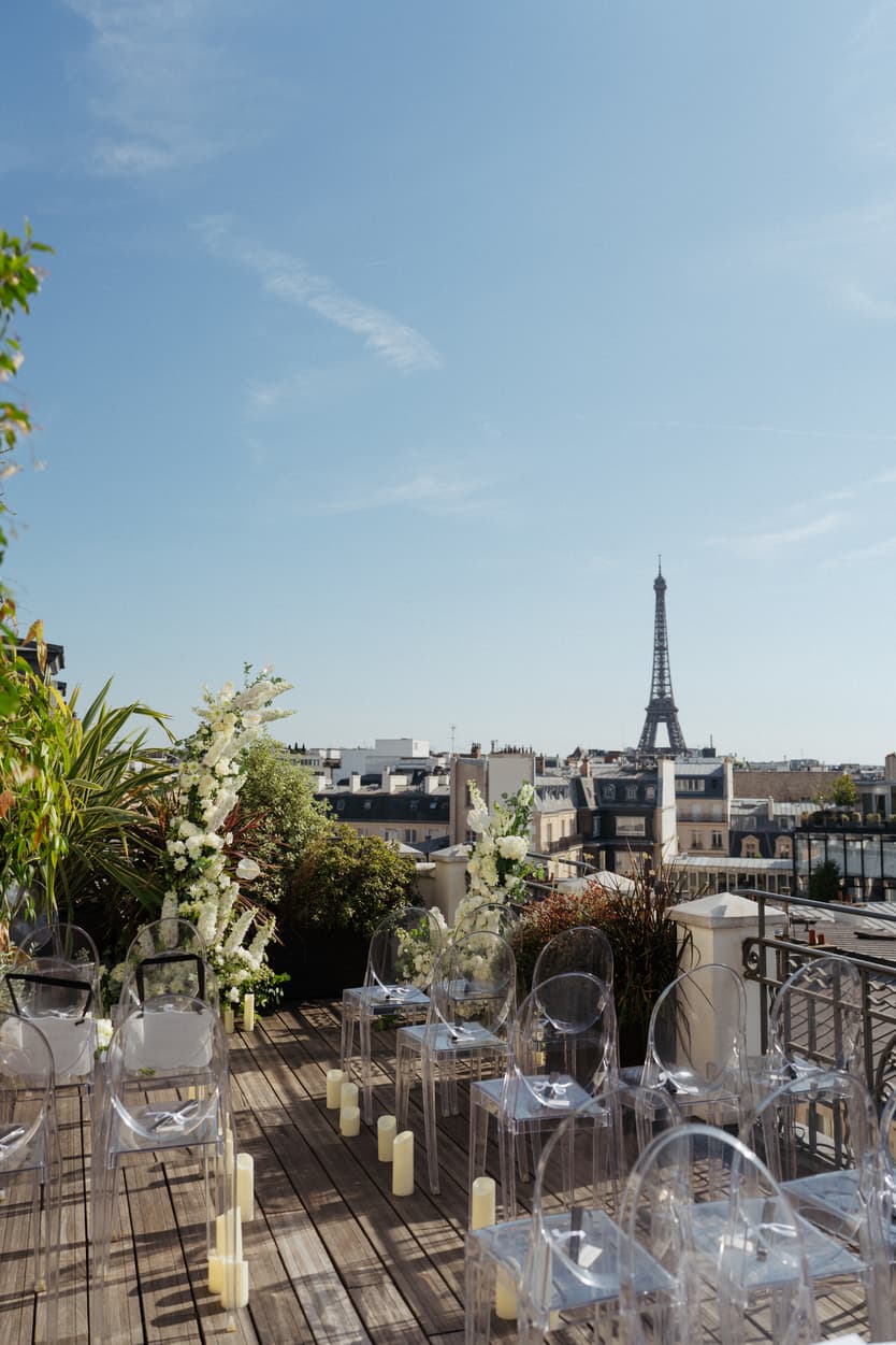 decorations for wedding terrace eiffel tower paris marignan hotel 