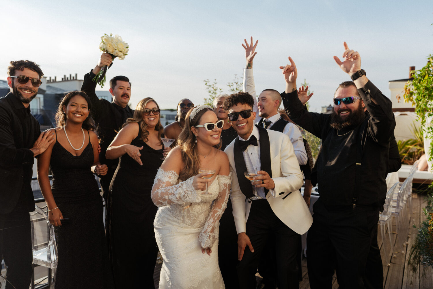 wedding celebration at terrace with eiffel tower paris marignan hotel