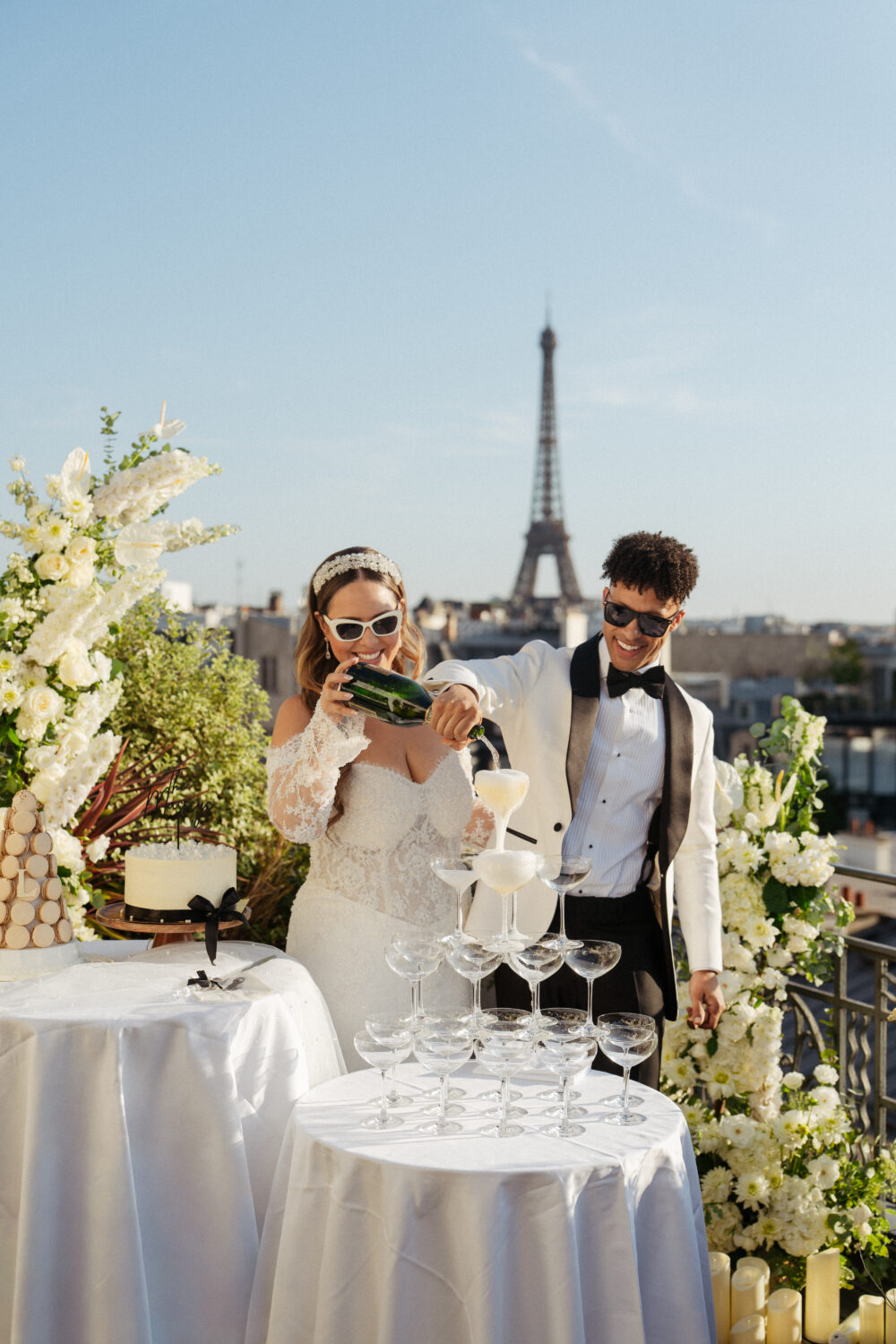 wedding champagne tower at terrace with eiffel tower paris marignan hotel