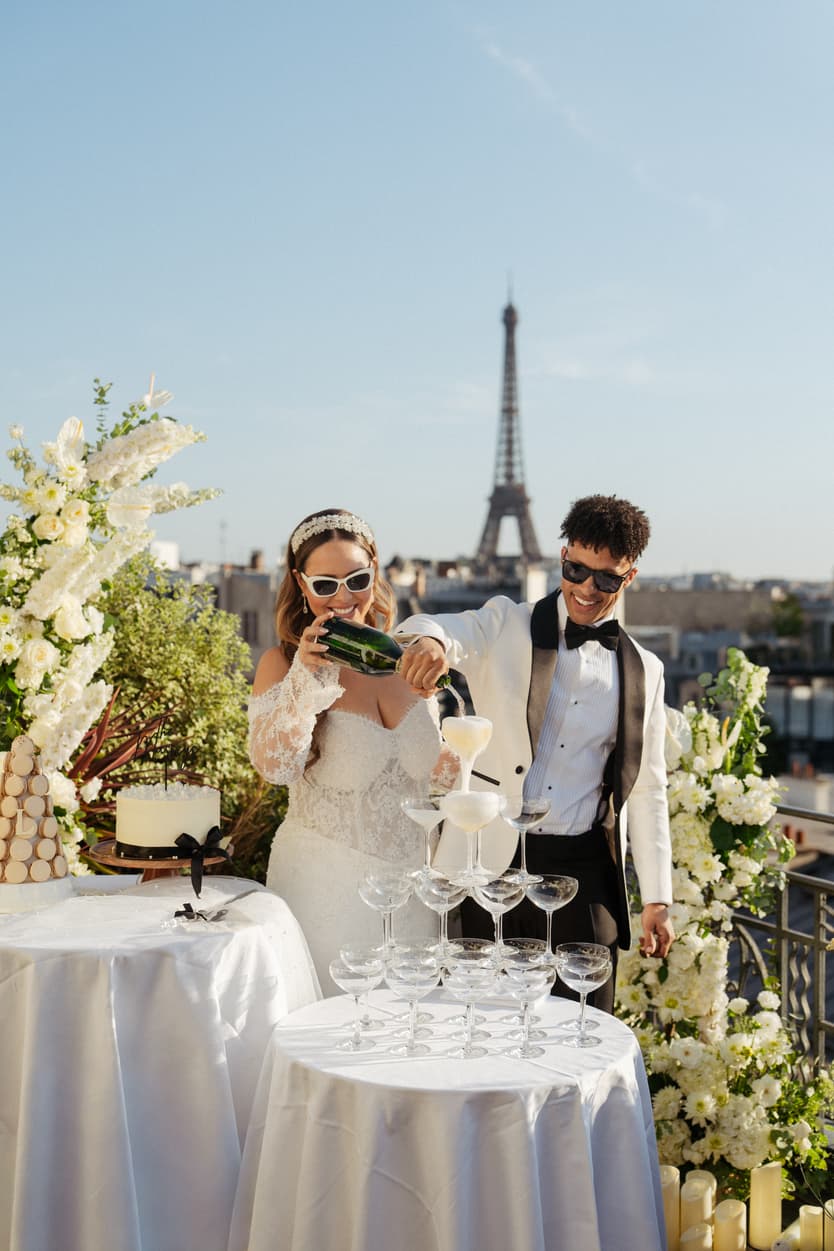 wedding champagne tower at terrace with eiffel tower paris marignan hotel