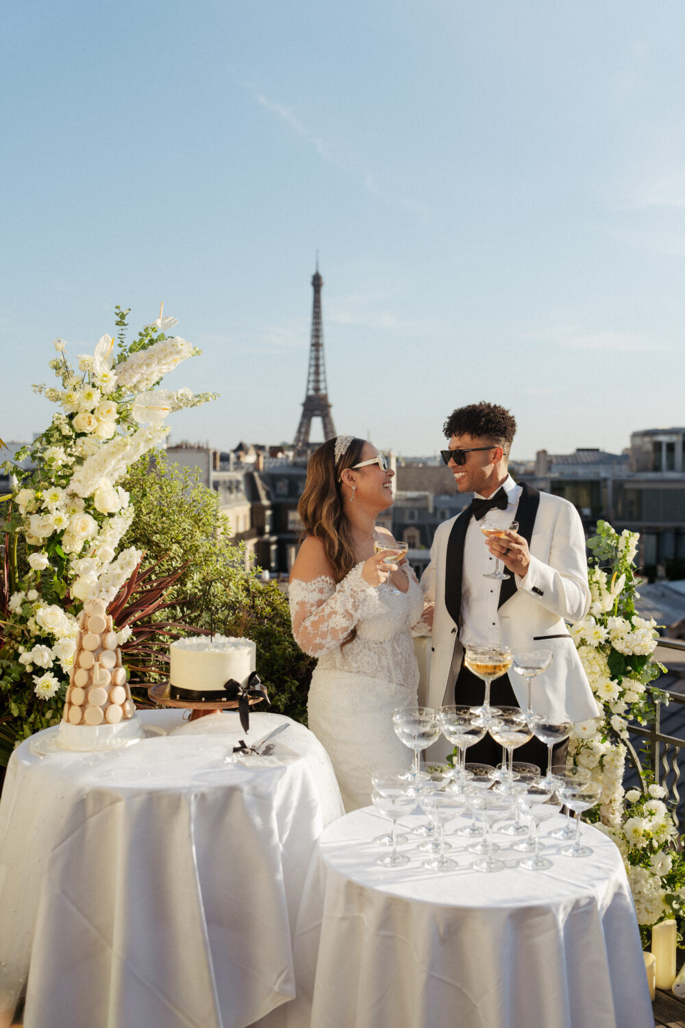 wedding champagne tower at terrace with eiffel tower paris marignan hotel