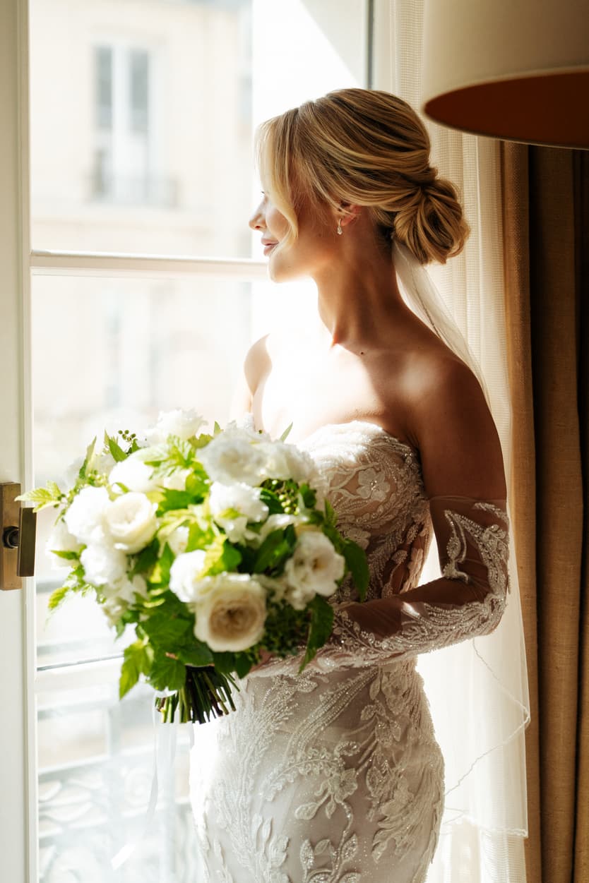 A bride with her white bouquet in the soft light of her hotel window