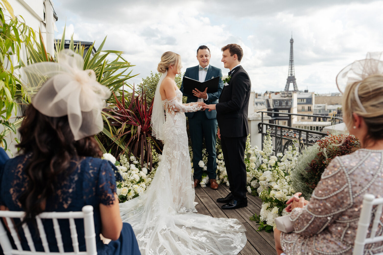 Paris Rooftop Elopement Ceremony at Hotel Marignan with Eiffel Tower View