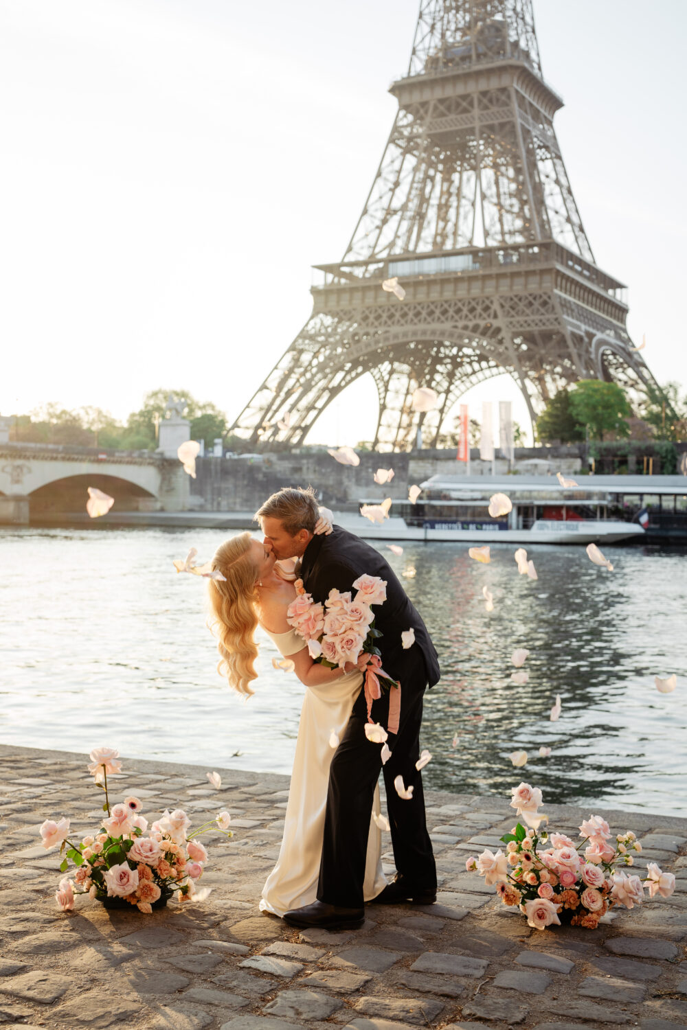 old money style elopement paris eiffel tower petal flowers