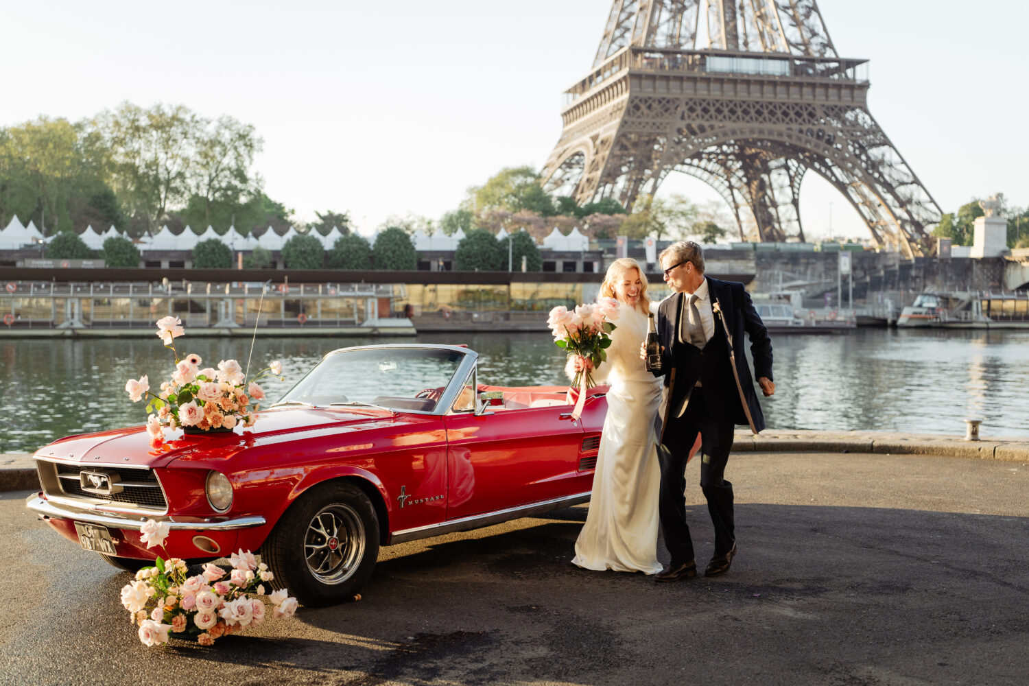 old money style elopement paris eiffel tower red vintage car