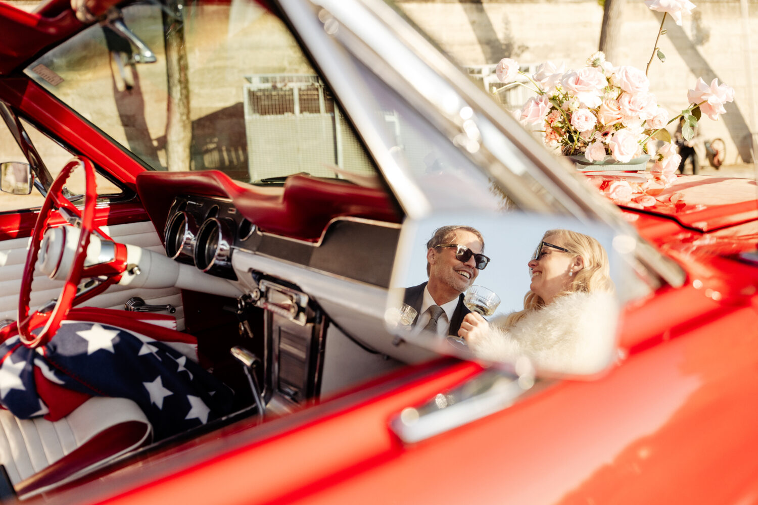 old money style elopement paris eiffel tower red vintage car