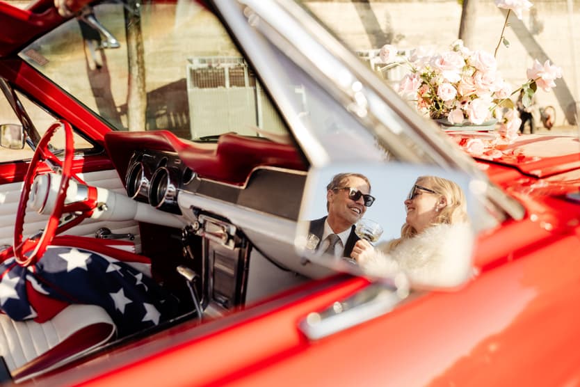 old money style elopement paris eiffel tower red vintage car 