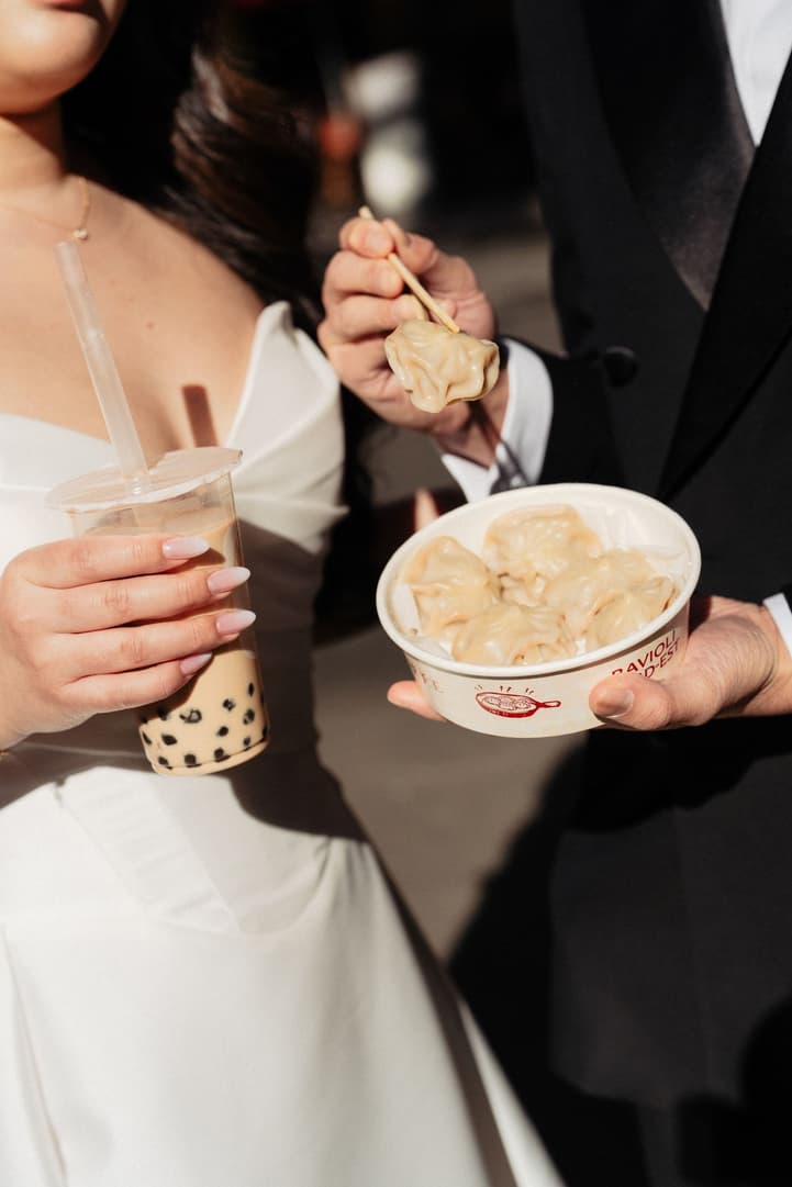 A bowl of dumplings and a bubble tea, a wedding-day snack in Paris