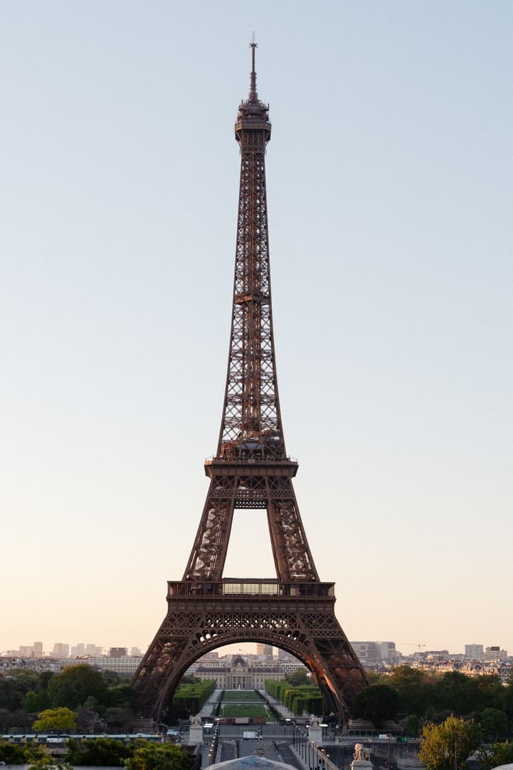 The Eiffel Tower at sunrise from the Trocadéro, on the morning of Victoria and Tyler's Paris elopement